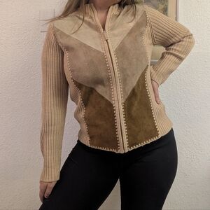 Vintage 90s Patchwork Suede And Knit Zip Front Jacket